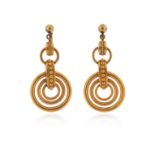 A pair of Etruscan Revival gold earrings, the concentric gold hoops suspend from bars with pellet