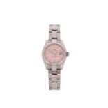 A lady's steel Oyster Perpetual datejust wrist watch by Rolex, the signed pink dial with date
