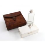 A silver travelling sandwich box and electroplated mounted glass flask, by Andrew Barrett & Sons,