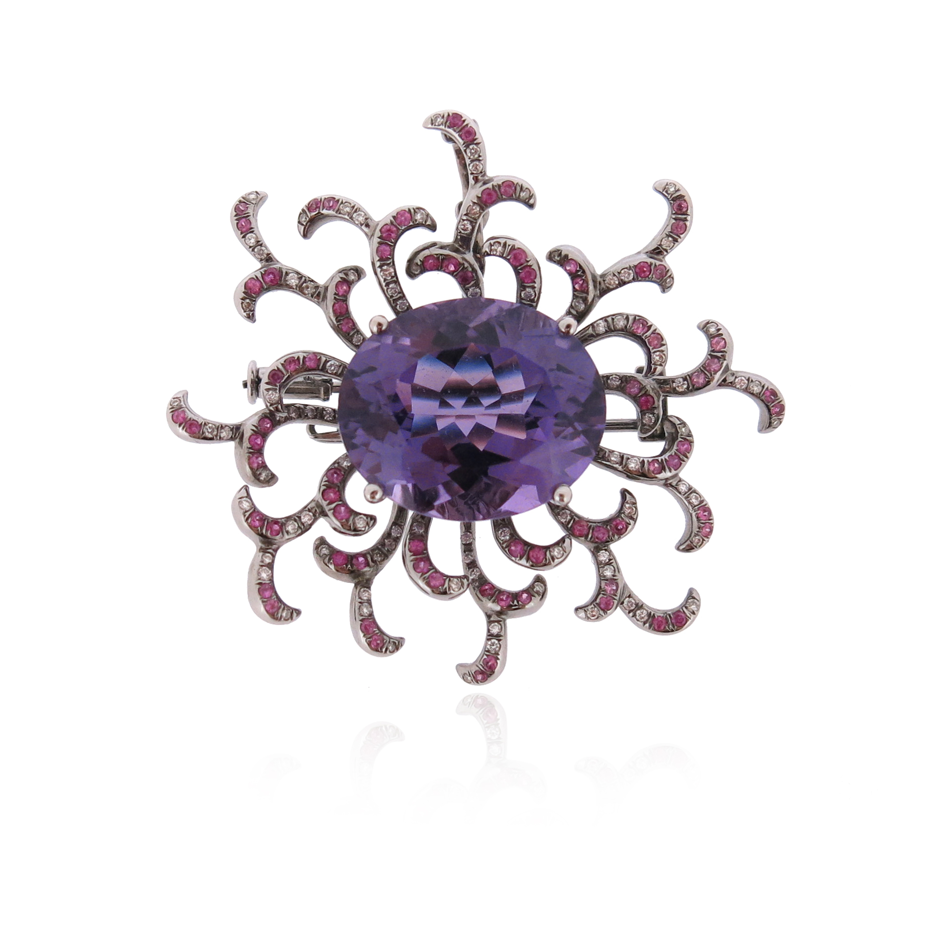 An amethyst pink sapphire and diamond-set scroll brooch pendant by Fei Liu, centred with an oval- - Image 3 of 5