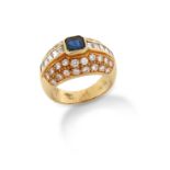 A sapphire and diamond bombé ring, the emerald-cut sapphire is flanked with channel-set square-