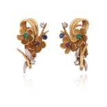 A pair of foliate earrings, each set with diamonds, an emerald, ruby and sapphire in yellow and