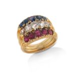 A late 19th century ruby sapphire and diamond ring, formed from three half hoop rings conjoined,