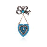 A Victorian diamond and enamel heart brooch pendant, the diamond and turquoise-set bow suspends a