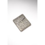 A SILVER FILIGREE CARD CASE 19TH CENTURY With a hinged cover, decorated to each side with
