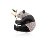 A diamond-set panda brooch, pavé-set with round brilliant-cut diamonds, with black and green