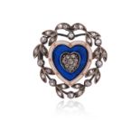 A Victorian diamond and enamel heart brooch, centred with a cluster of rose-cut diamonds within a