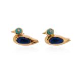 A pair of gem-set gold duck earrings, the stylised ducks set with a turquoise and diamond head and a