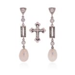 A pair of cultured pearl and diamond drop earrings, the upper sections set with round brilliant-