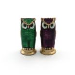 By David Andersen, a pair of Norwegian silver-gilt and enamel novelty owl pepper pots, modelled in