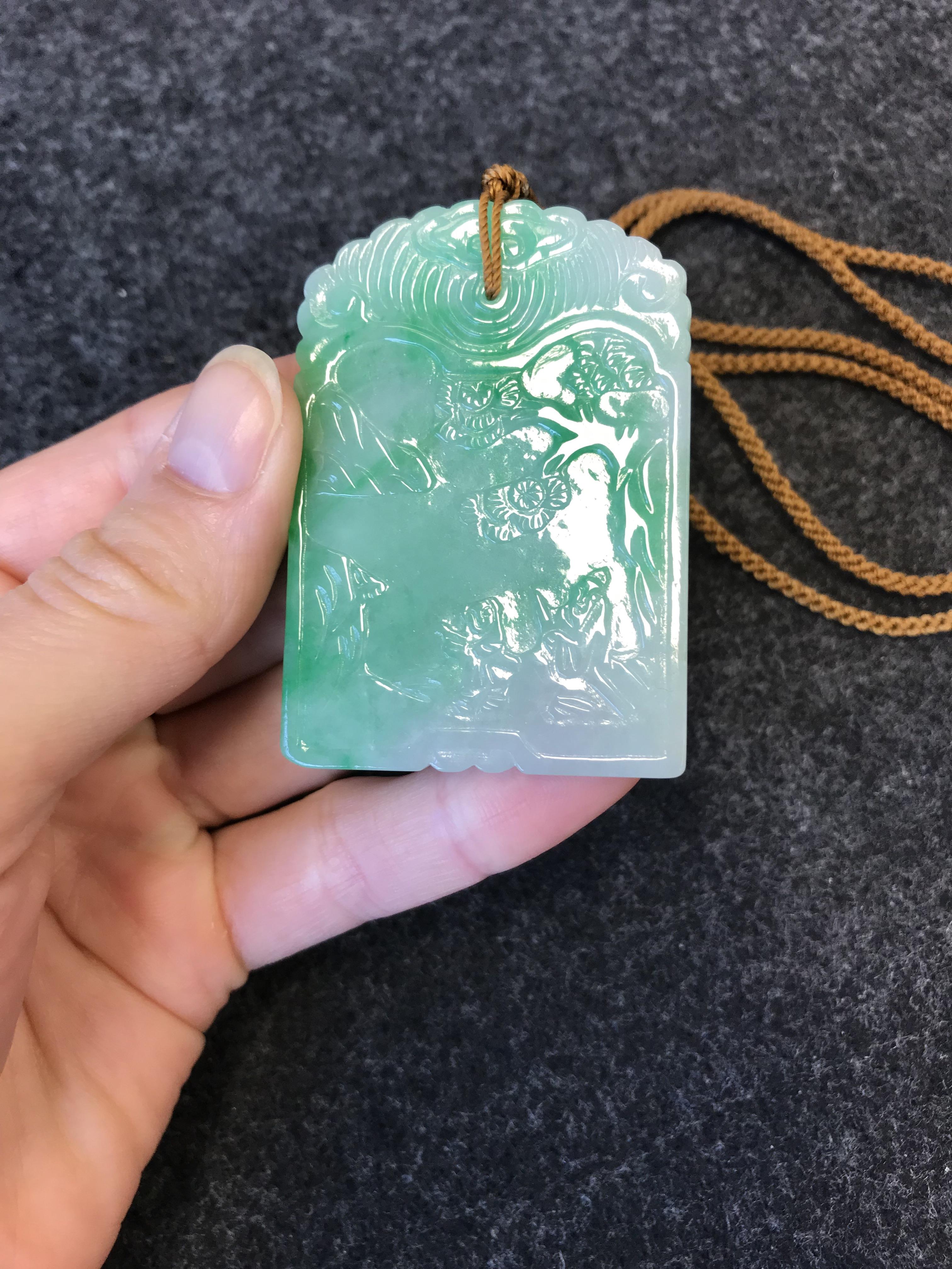 A CHINESE APPLE GREEN JADEITE RECTANGULAR PENDANT QING DYNASTY OR LATER Carved in low relief to - Image 6 of 26