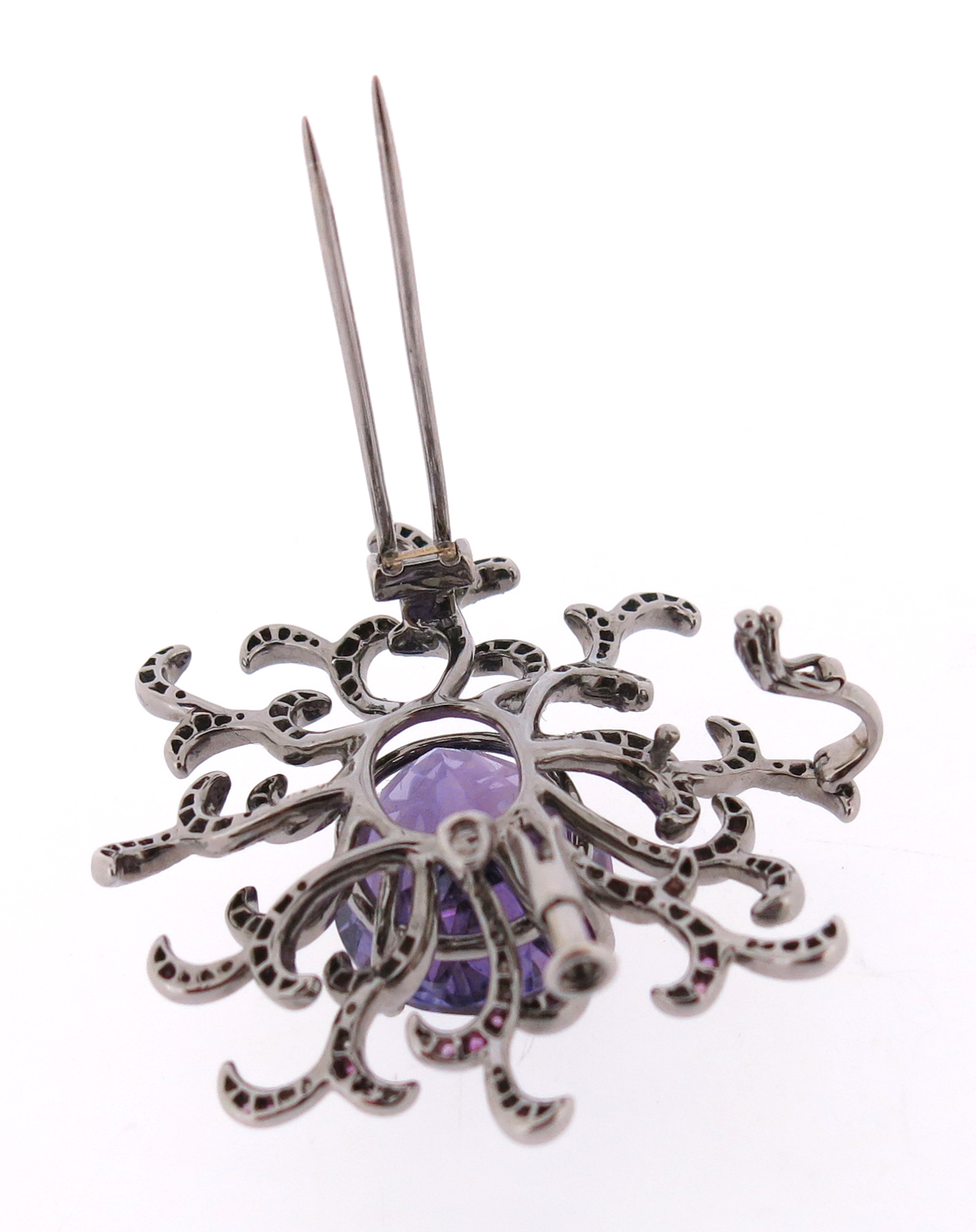 An amethyst pink sapphire and diamond-set scroll brooch pendant by Fei Liu, centred with an oval- - Image 5 of 5