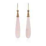 A pair of chalcedony-set gold drop earrings, the elongated chalcedony drops suspend from engraved