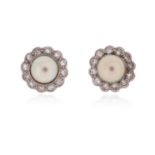 A pair of cultured pearl and diamond cluster earrings, each cultured pearl set within a surround