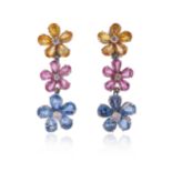 A pair of sapphire-set flowerhead earrings, the graduated flowerheads set with pear-shaped yellow,