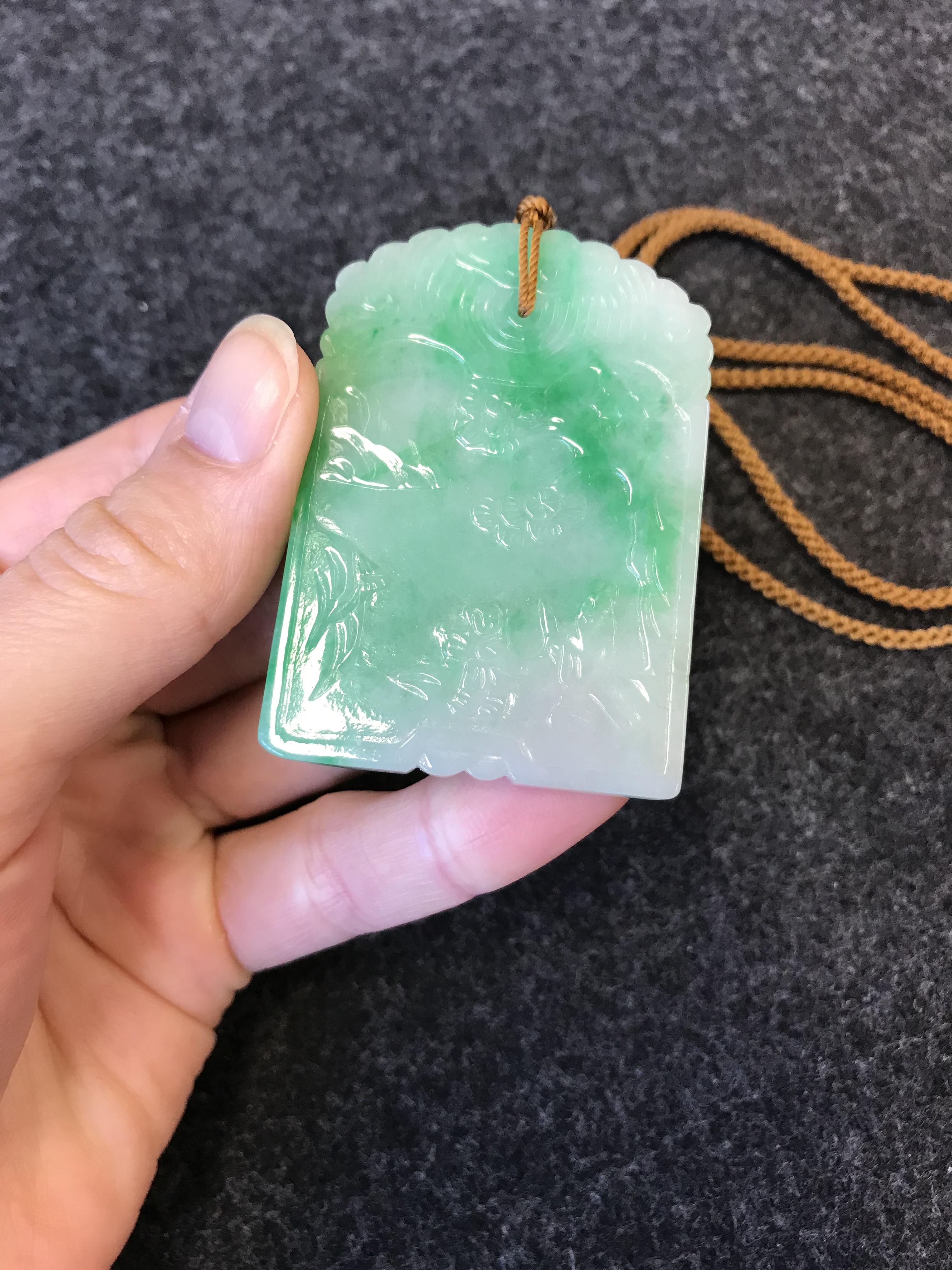 A CHINESE APPLE GREEN JADEITE RECTANGULAR PENDANT QING DYNASTY OR LATER Carved in low relief to - Image 8 of 26