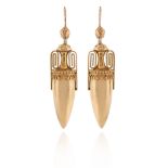 A pair of gold amphora drop earrings, with pellet decoration in gold, shepherd's hook fittings, 5.