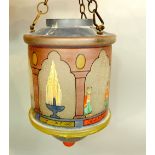 Moorish type crackle glaze glass hanging lantern decorated with figures and fountains with Islamic