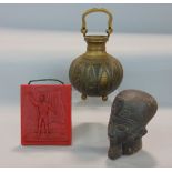 Three interesting items to include a cast red wax study of a standing gentleman holding a flag, 13 x