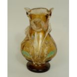 Victorian coloured glass baluster hyacinth vase with relief work decoration of a floral bouquet