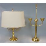 Two brass twin branch table lamps, both with shades, the largest 55cm high (2)