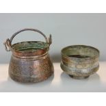 Interesting engraved copper miniature cauldron with serpentine handle, together with a further piece