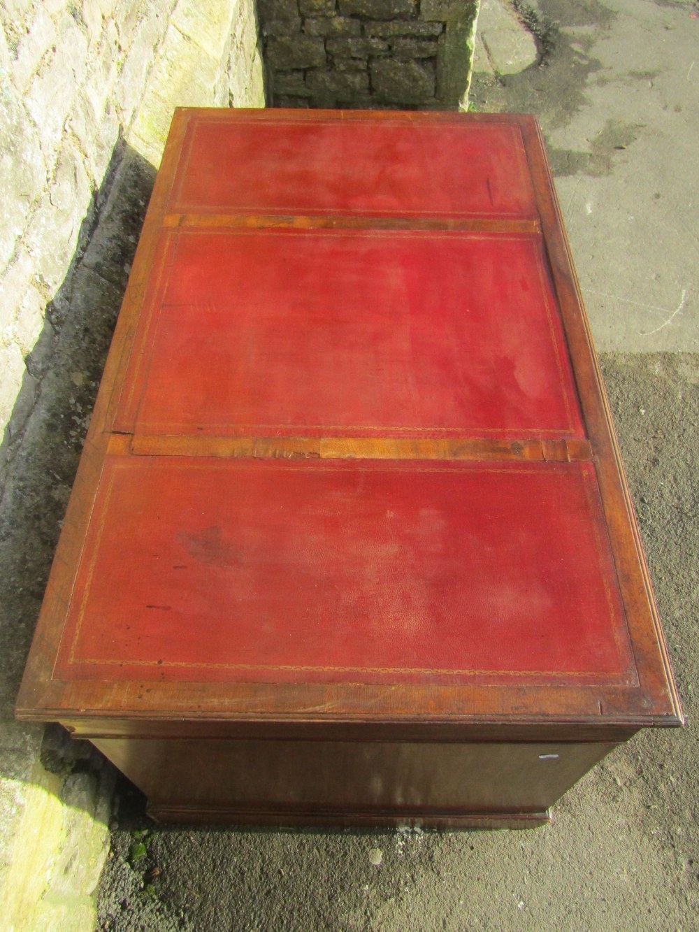 An Edwardian walnut kneehole twin pedestal writing desk, with triple leather inset panel top, over - Image 2 of 2
