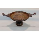 19th century French bronze twin handled tazza, centrally cast with a Romanic scene with figures