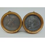 Pair of cast pewter or spelter panels of Napoleon and Josephine in tondo gilt metal frames, each 8cm