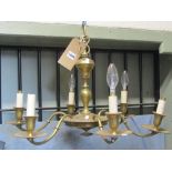 A cast brass six branch hanging ceiling light with knop stem and classical detail