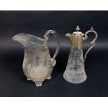 Cut glass claret jug with fern leaf detail and plated mounts, together with a large Victorian