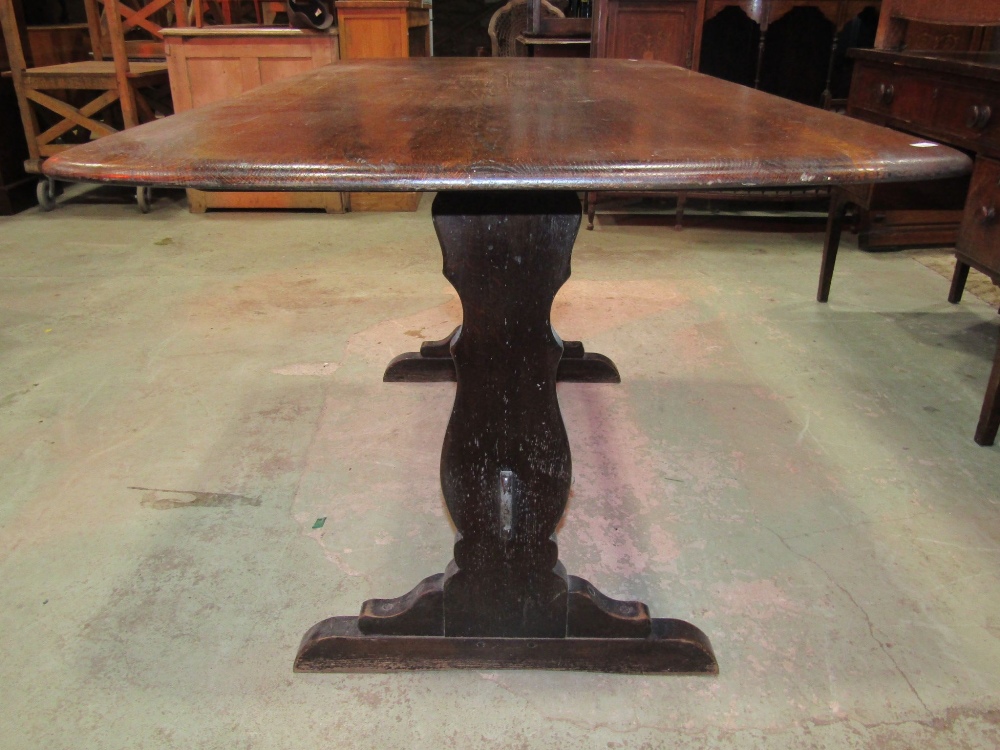A dark stained elm and beechwood refectory table (possibly Ercol) the rectangular top with moulded - Image 2 of 2