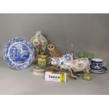 A collection of ceramics and glassware including two Arthur Wood pig money banks, an oriental figure