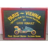 A vintage style painted sign of rectangular form advertising Paris - Vienna Voiturette, built for