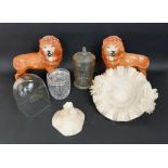 A mixed lot to include 1935 commemorative pressed glass candy jar, a glass dome and a further lidded