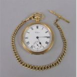 Waltham 18ct lever pocket watch within a Dennison watch case, the enamel dial with Roman numerals