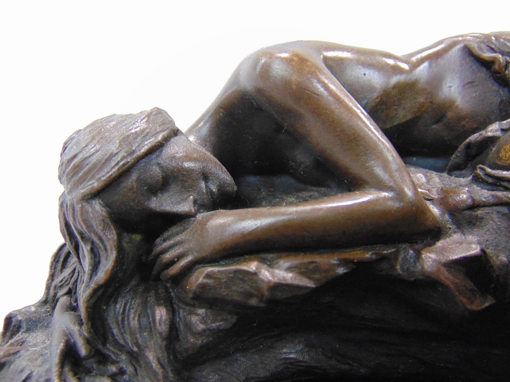 Cast bronze figure of a reclining nude on a naturalistic base, signed Milo, upon a black marble - Image 3 of 3