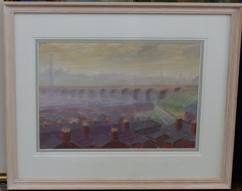 J P Bean - The Viaduct looking over Brinks Walk, Stockport, pastel on paper, signed with initials - Image 4 of 4