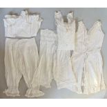 Collection of late 19th century white cotton lingerie including three petticoats with handmade