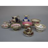 A collection of 19th century miniature ceramics comprising a blue ground jug and basin set, with