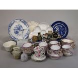 A collection of 19th century and later ceramics including pink lustred tea wares comprising two