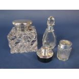 Good quality pressed glass and silver topped desk ink stand / ink well with sunburst lid; together