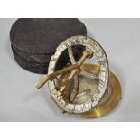 19th century pocket sundial compass with shagreen case, principally in brass with a silvered dial by