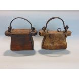 Two similar Indian spice purses with wrought iron handle and concealed hinged tops (2)