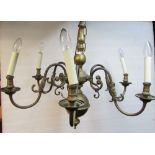 A Dutch style brass six branch hanging ceiling light/electrolier, with knopped and bulbous stem,