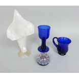 A good mix of glass to include antique blue glass goblet with thick stem, further antique blue glass