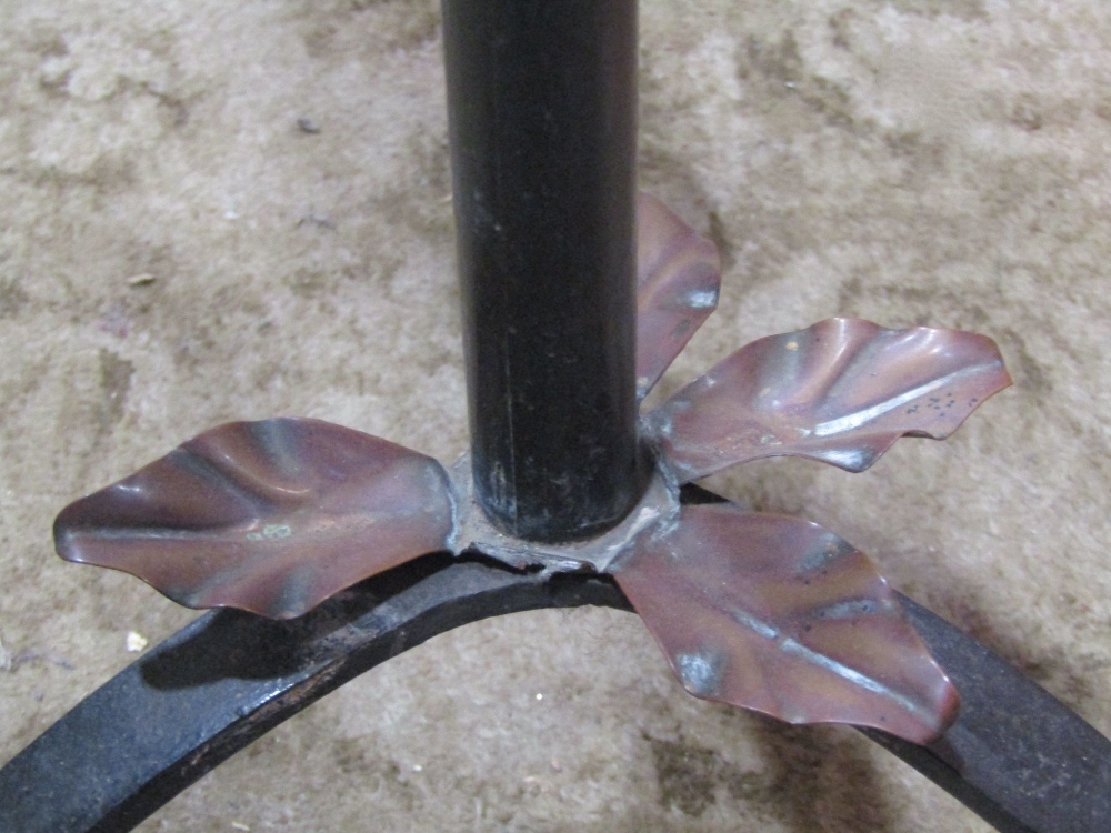 An iron work floor standing telescopic oil lamp standard, with simple scroll, copper flower head - Image 2 of 3