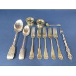 Mixed lot of silver flatware comprising set of five silver old English dessert forks, maker JR,