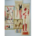 Collection of textile panels, showing ancient Egyptian figures and hieroglyphs appliqued on a coarse