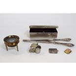 A small brass field monocular, pair of glove stretchers with silver handles, silver stamp case, etc